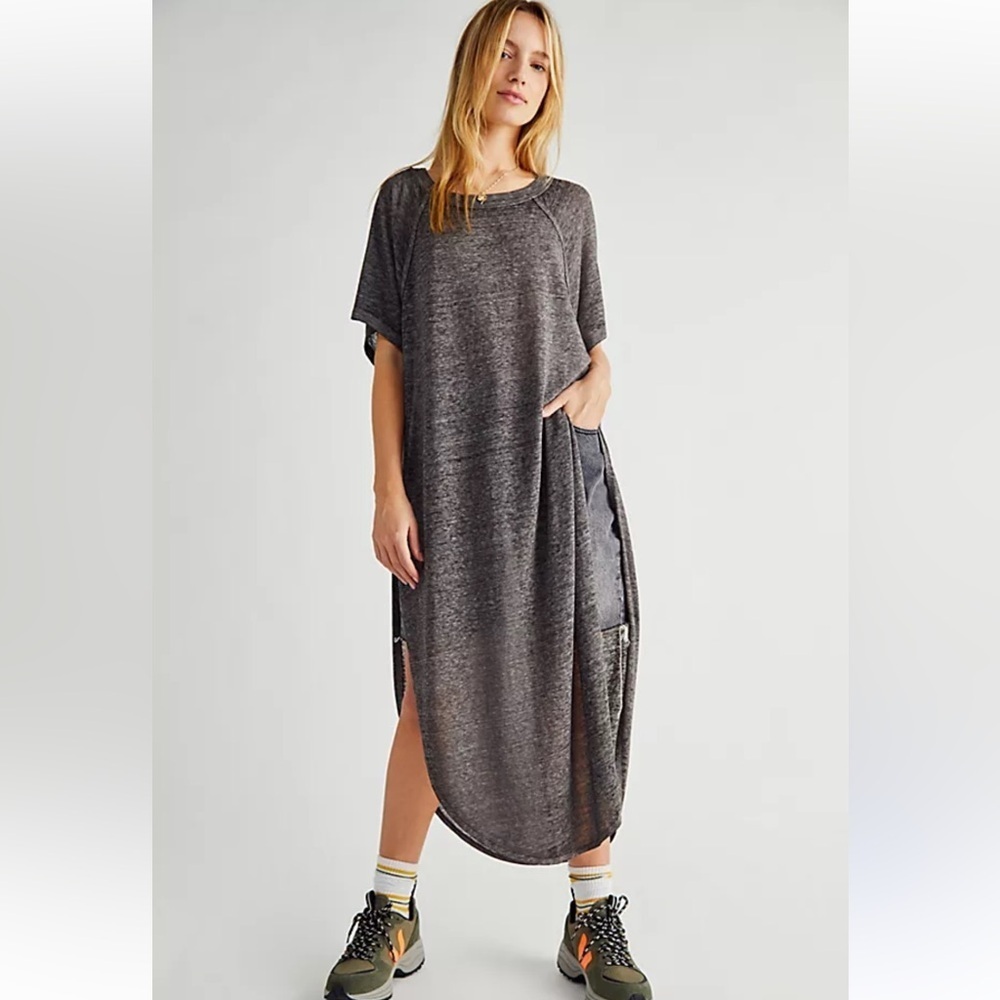 Free People Grey Burn Out Maxi Dress Tunic Unfinished Distress Oversized Small